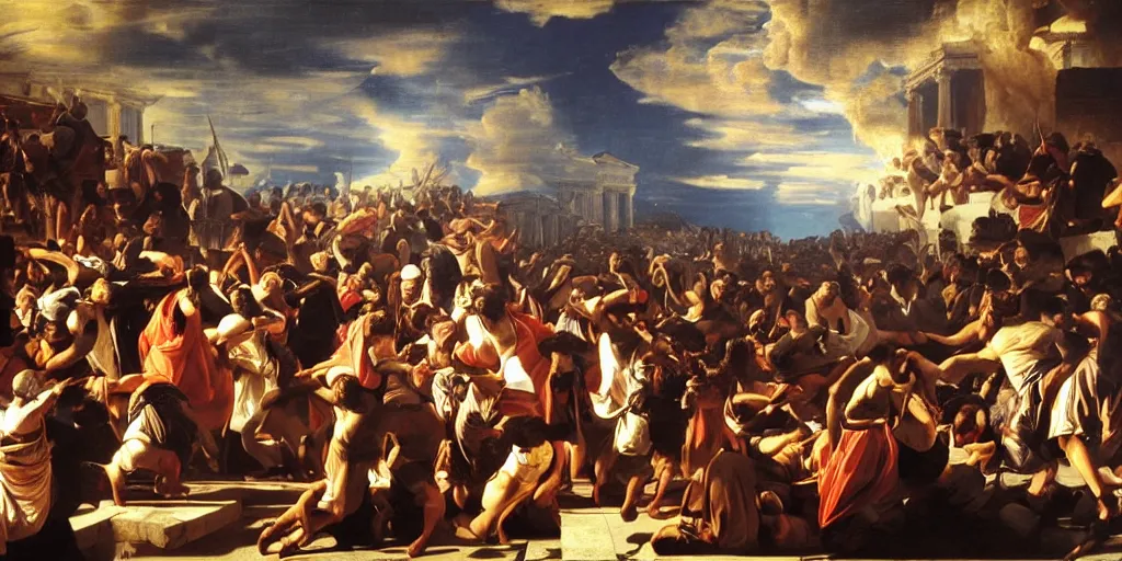 Image similar to beautiful oil matte painting, uprising of people at a greek political forum with fire and smoke, wonderful masterpiece highly detailed, beautiful cinematic light deep focus, elegant, digital painting, smooth, sharp focus, golden ratio, dramatic illumination, ultra realistic, 8 k, art by artemisia lomi gentileschi and caravaggio