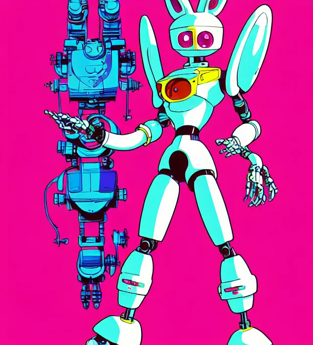 Prompt: retrowave robot rabbit girl protagonist, animation character design by akira toriyama, don bluth, jack kirby, alex toth, hasbro, action - adventure, sharp detail, artstation trending, conceptart. com