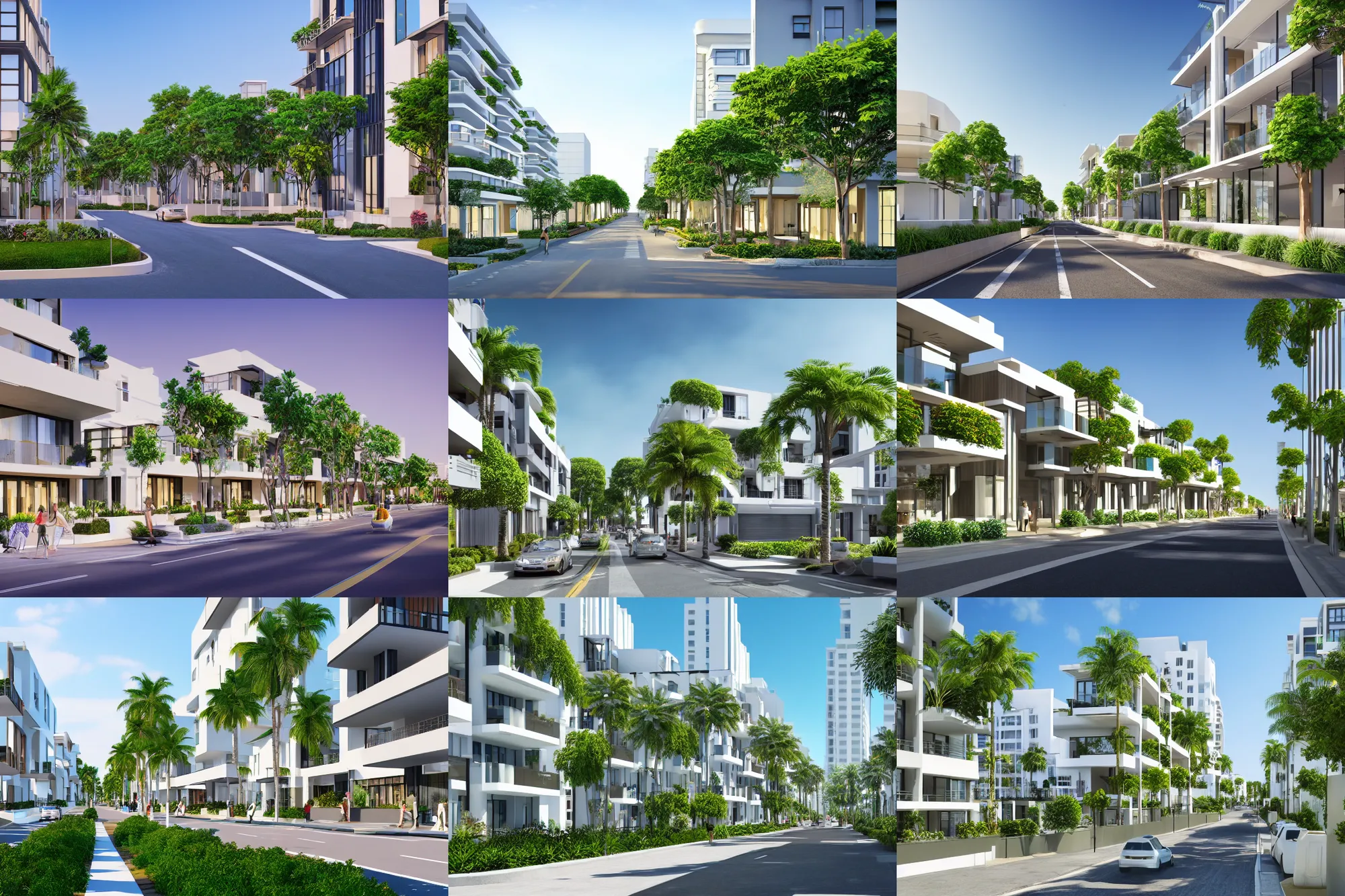 Prompt: render of a street with beautiful modern homes, designed for cozy aesthetics!, beachfront, highrise business district, energy efficiency and maximizing plants and greenery, cg render, sunny sky light, high resolution, professional