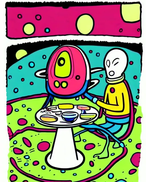 Prompt: an illustration of an astronaut meeting an alien for afternoon tea. funny. detailed. colorful. psychedelic