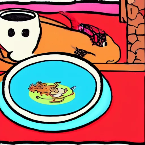 Image similar to dragon swimming on a plate of soup cartoon style