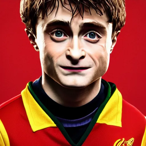 Image similar to portrait of harry potter, daniel radcliffe, wearing a liverpool jersey, highly detailed, masterpiece painting, jan van eyck, raphael, 4 k, octane render,