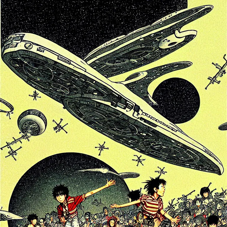 Image similar to cursed illustration of starship landing on starport, manga style of kentaro miura, by norman rockwell, weirdcore