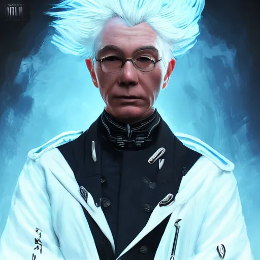 Image similar to rimuru tempest as ilya kovshinov, highly detailed, professional digital painting, concept art, extreme illustration, unreal engine 5, photorealism, hd quality, 8 k, black jacket with high collar, cinematic, art by andy warhol, artgerm, yoshitaka amano, color block