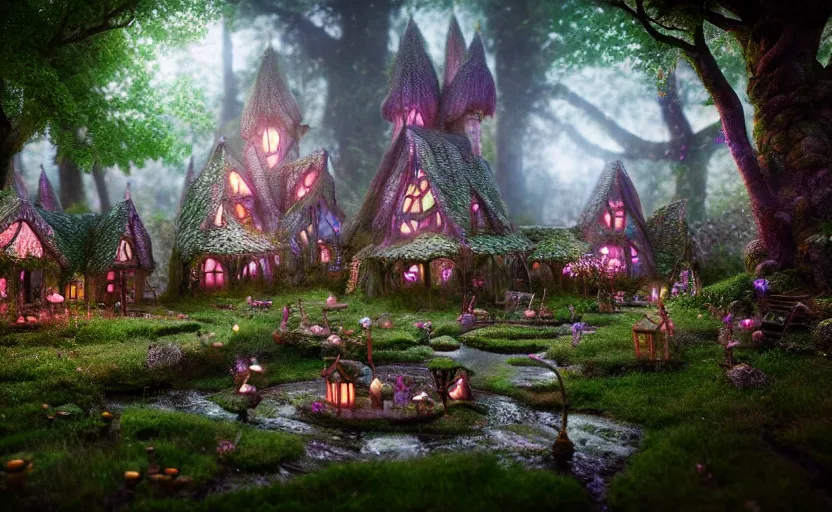 Image similar to inside an ethereal magical fairy village, highly detailed, 8 k, hdr, award - winning, octane render, artstation