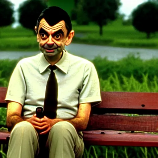 Image similar to mr. bean as forest gump. movie still. cinematic lighting.