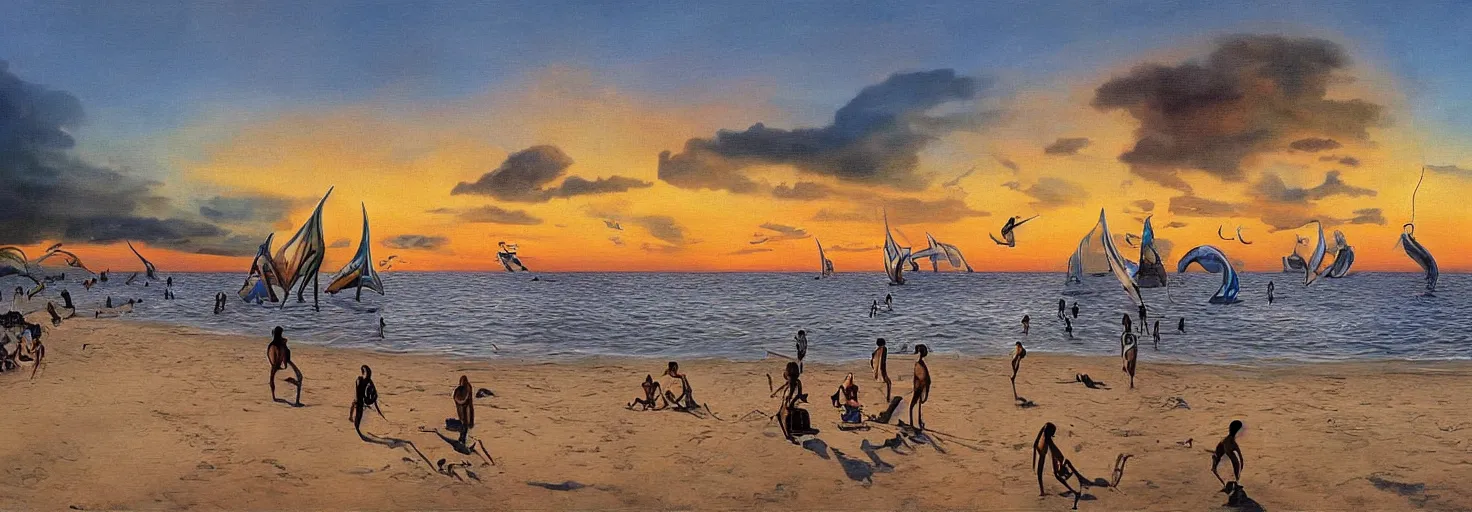 Image similar to People in beach by Salvador Dali and Bob Ross collaboration, mural, sun set, digital art, high details