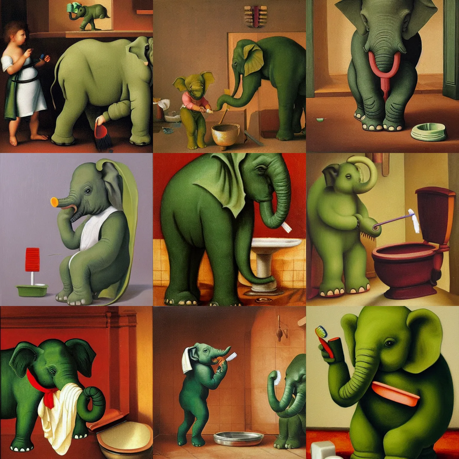 Prompt: cute little green elephant cleaning out a toilet with big toothbrush, dramatic, oil painting by Raphael