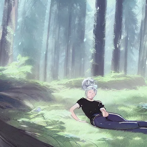 Image similar to girl sorcerer with white hair in a hairbun, wearing a black tshirt, and wearing blue jean. she is laying down sleeping, in a forest landscape. digital art, environment concept art, by rossdraws, ghibli, art by greg rutkowski