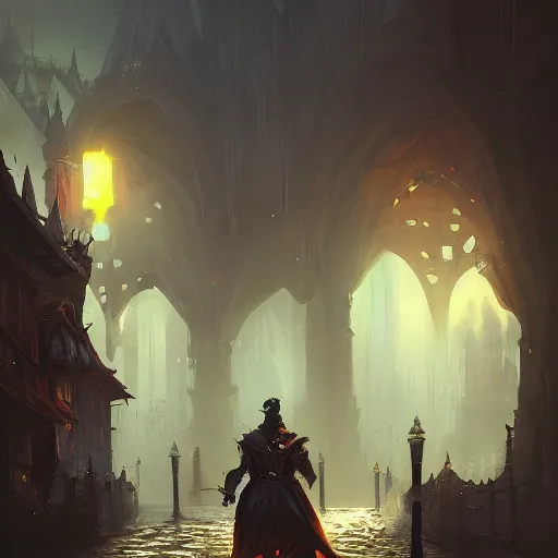 Image similar to street leading to a fantasy castle, dramatic lighting, city background, chiaroscuro, high detail, painted by greg rutkowski, painted by igor kieryluk, painted by bobby chiu, trending on artstation