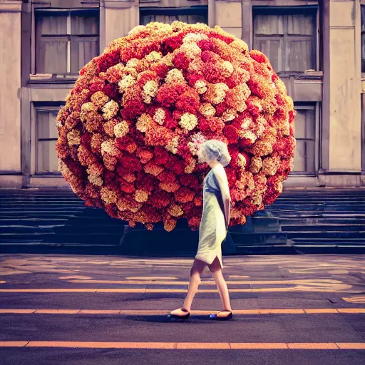 Image similar to giant flower head, woman walking, surreal photography, cinematic, symmetry, flat space, fanciful, bright, detailed, wes anderson