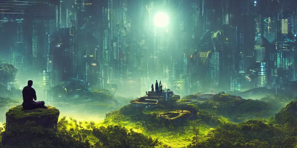 Image similar to a cinematic composition depicting : a computer run cyberpunk civilization encroaching on a solarpunk world, on top of the mountain a monk is in a lotus pose overlooking a hopeful and lush foresty solarpunk valley at sunrise