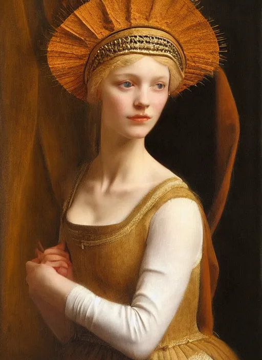 Image similar to portrait of young woman in renaissance dress and renaissance headdress, art by david hamilton