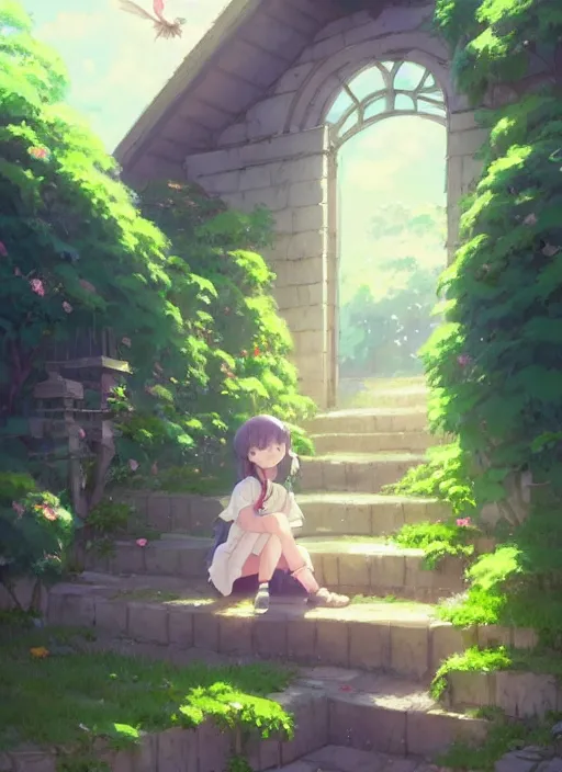 Prompt: girl sitting on a stair where there is an arched shed, many green plant and flower gowing on it, illustration concept art anime key visual trending pixiv fanbox by wlop and greg rutkowski and makoto shinkai and studio ghibli