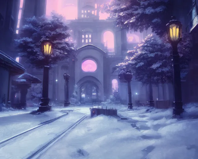 Prompt: scenery artwork, scene beautiful, light!! light essential calm and cozy winter world snow and night, surrealism oil on canvas, artstation!! pixiv!! dream scenery, quality nier : automata projection render, nier automata concept art, vaporwave textures