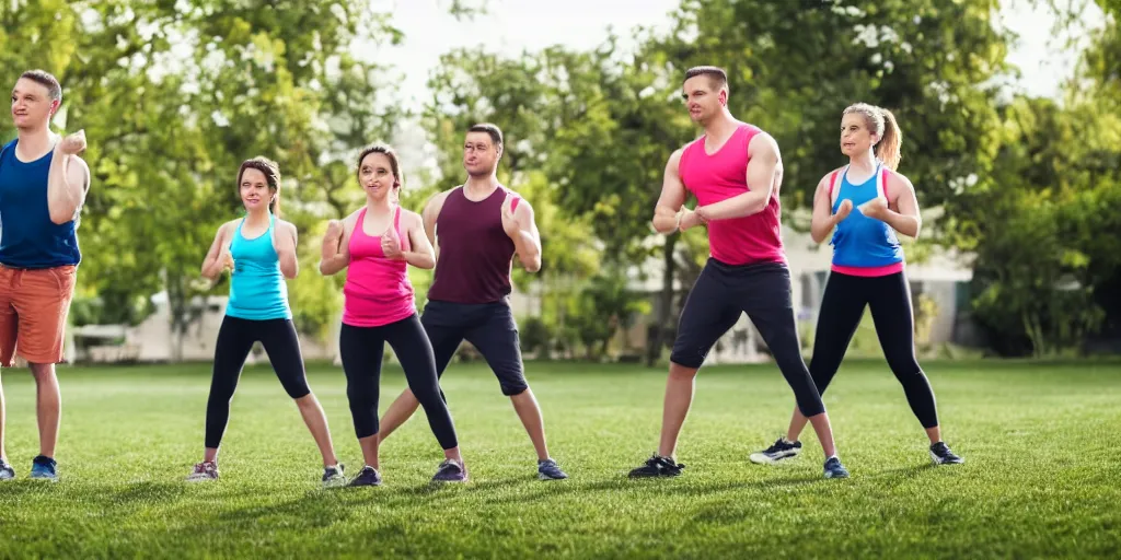 Image similar to a husband and wife exercising with four kids studying, award winning photo,