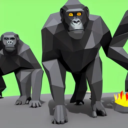 Prompt: gorillas without legs playing a game of tag in low poly video game. one of them has a lava texture