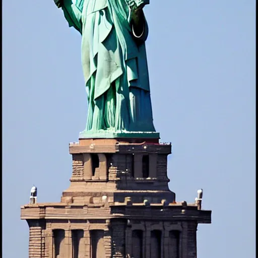 Prompt: motorcycle rider stuntman jumping over the statue of liberty