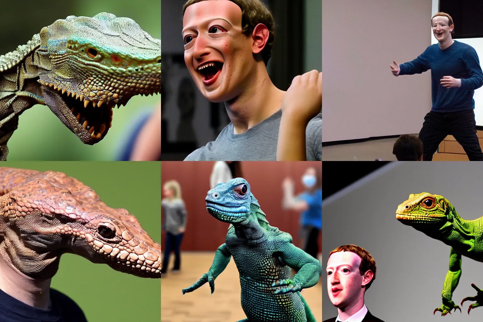 Prompt: a humanoid lizard pulling off his Mark Zuckerberg halloween mask