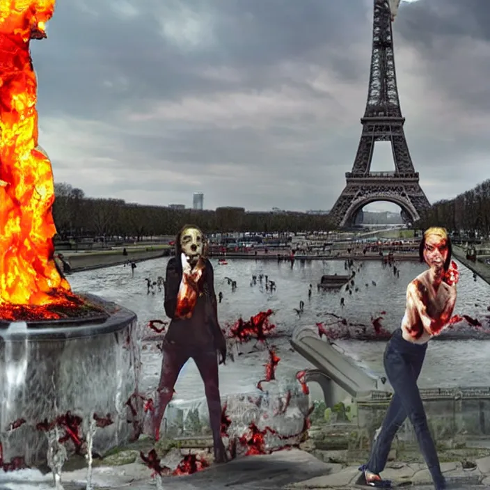 Image similar to zombie drinking water with eifel tower on fire photo realistic