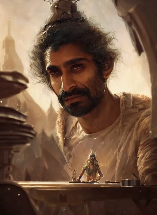 Image similar to Portrait of Indian Scruffy haired male biopunk scientist with elven ears, He is working on trinkets on a table, realistic, detailed, 4k by Greg Rutkowski Mark Arian trending on artstation