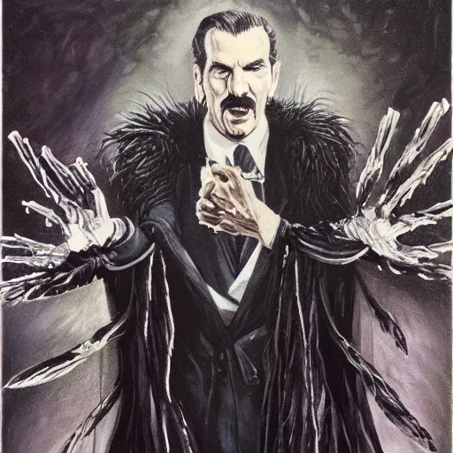 Prompt: vincent price as billionaire howard hughes in long black feathered cloak, black hands tipped with black claws, feathers growing out of skin, being abusive and angry, vivid, mike mignogna, illustration, dynamic and dramatic, highly detailed, rough paper, dark, oil painting