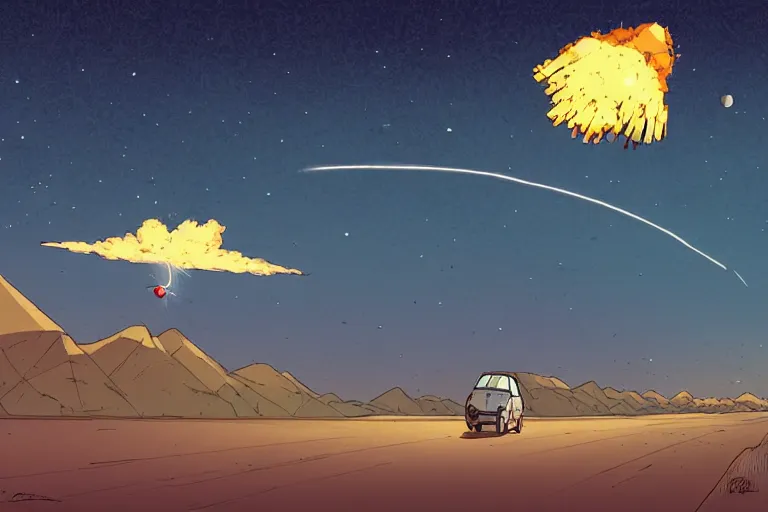 Prompt: a study of a cell shaded cartoon of a giant meteor falling at night on a desert road, full body, wide shot, very muted colors, post grunge, studio ghibli, laurie greasley, highly detailed, deviantart, art by artgem