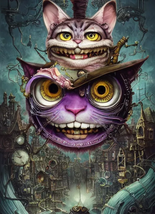 Image similar to cheshire cat, angry, scary, cheeky, steampunk googles, highly detailed, cinematic, 8 k, by megan duncanson, benjamin lacombe, stanley artgermm, tom bagshaw, craig mullins, carne griffiths, ayami kojima, beksinski, giger, trending on deviantart, hyper detailed, horror, full of colour