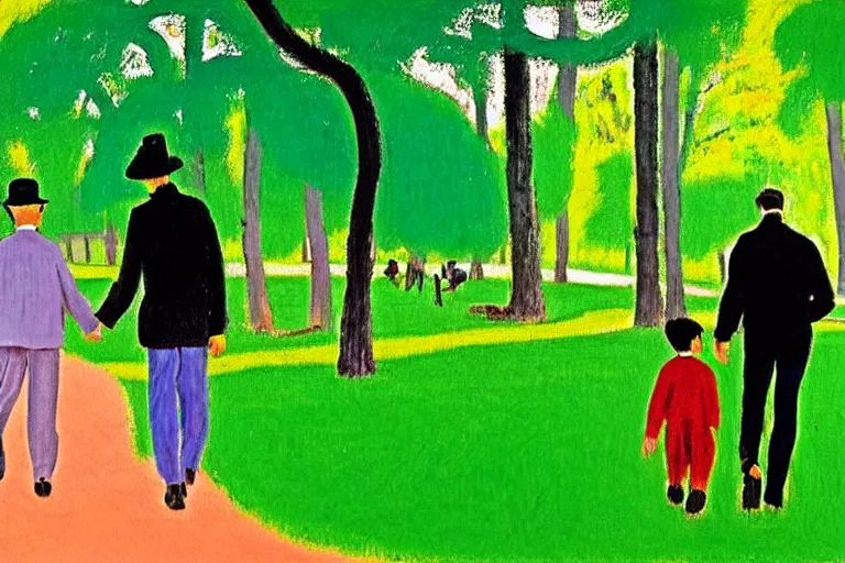 Image similar to a very tall man named John with dark hair holding the hands of a short young boy named Alex with dark hair as they walk in a park on a bright beautiful colorful day. part in the style of an edgar degas painting. part in the style of david hockney