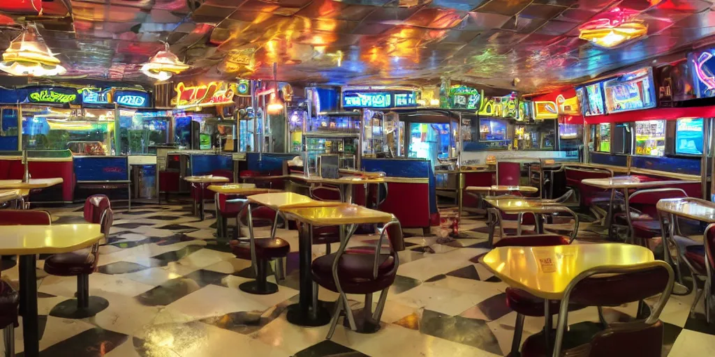 Image similar to a retro diner at the crossroads of the multiverse, celestially enchanted