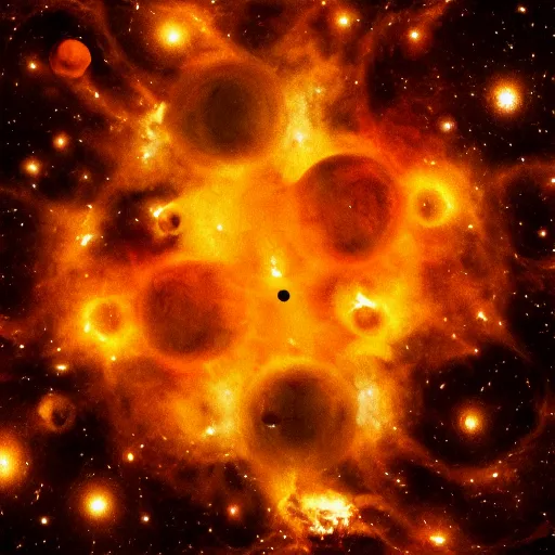 Image similar to army of balls with universes inside, hubble background, amazing, fire, 5 5 mm