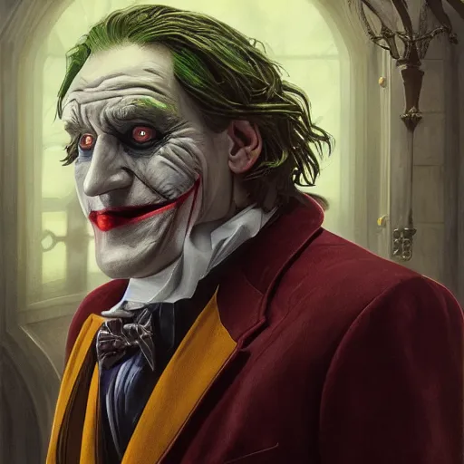 Image similar to [Gerard Depardieu as the Joker as president of France!, closeup, D&D, intricate, elegant, highly detailed, digital painting, artstation, concept art, matte, sharp focus, illustration, art by Artgerm and Greg Rutkowski and Alphonse Mucha]