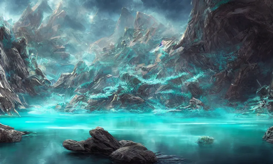 Image similar to crystalline turquoise lake, digital art, concept art, fantasy art, highly detailed, hd wallpaper, hdr, artstation, deviantart, behance