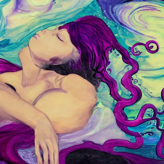 Image similar to a female art student falling asleep, iceberg, dark, sensual, dreamy, waves, swirls, violet drips, fish, blueberries, octopus, neo - impressionist, surrealism