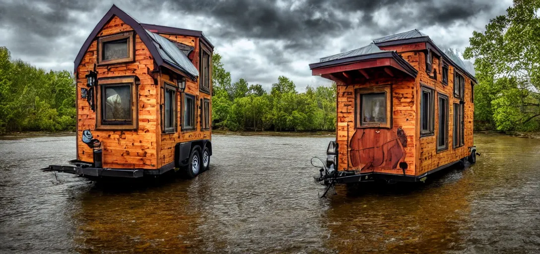 Prompt: tiny house, river, steampunk, 8k, realistic, high definition, 10 bit colour, hdr