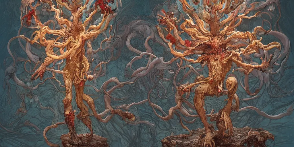 Image similar to epic concept illustration of a fungus god, by james jean. uhd, amazing depth, cinematic lighting, glossy wet levitating floating fungus god with arms outstretched.