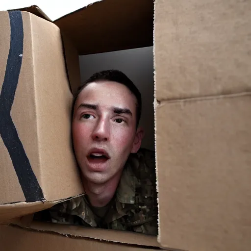 Prompt: an soldier hiding under cardboard box, in middle of war, cinematic