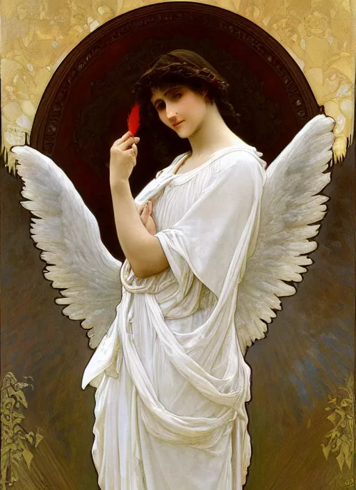 Image similar to painting of a beautifully robed angel with huge white feather wings, intricate, elegant, hyperdetailed, by alphonse mucha and william - adolphe bouguereau and john william waterhouse