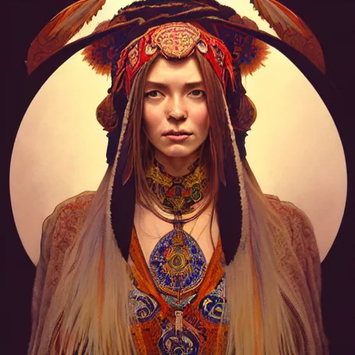 Prompt: a portrait of a female shaman, upper half portrait, decorated with russian motifs, russian shaman, siberia, traditional russia, intricate, elegant, highly detailed, symmetry, headpiece, digital painting, artstation concept art smooth sharp focus, illustration, art by artgerm and greg rutkowski alphonse mucha 8 k