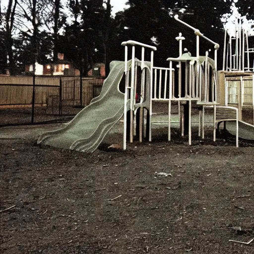 Prompt: an eerie photo of an abandoned children's playground from the 1 9 9 0 s at night, disposable film