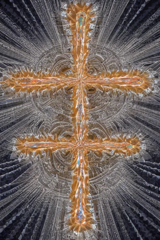 Image similar to a crystalline 3 d mandelbulb fractal in the shape of a christian cross, bioluminescent opal, fractal, magnificent lighting, ethereal, ray tracing, octane, holographic