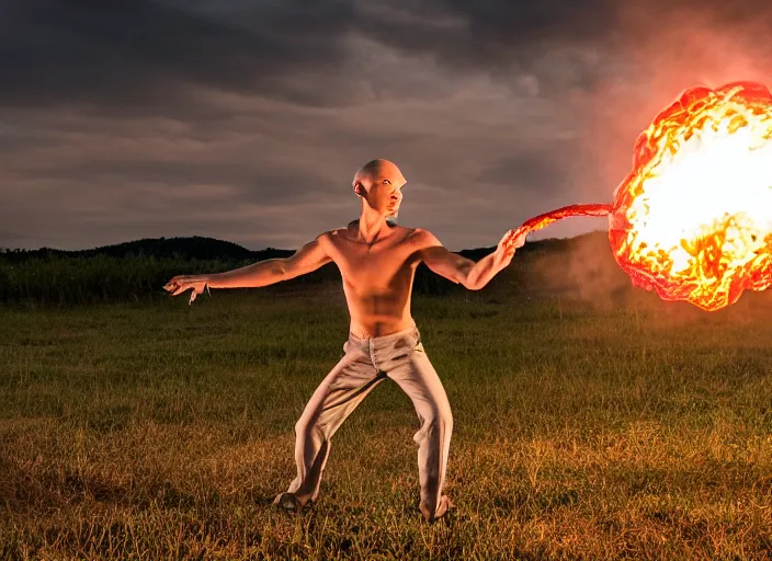 Image similar to squidward practicing firebending in an open field at susnset, 1 2 0 mm, dramatic lighting'