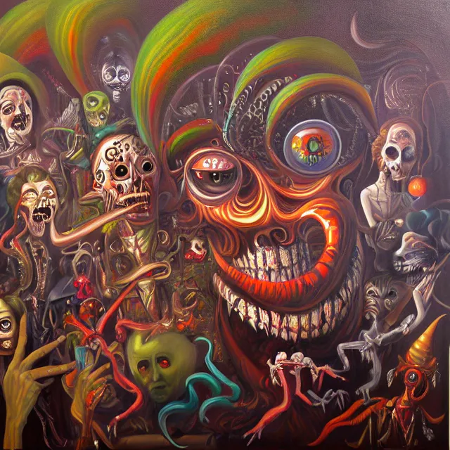 Prompt: an oil on canvas portrait painting of the carnival of nightmares, polycount, surrealism, surrealist, cosmic horror, high detail