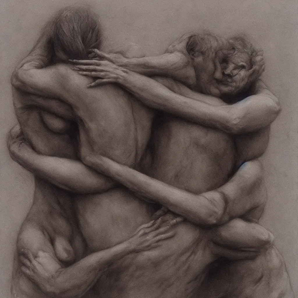 Prompt: powerful female gestures hugging a man, kieth thomsen, zdzislaw beksinski