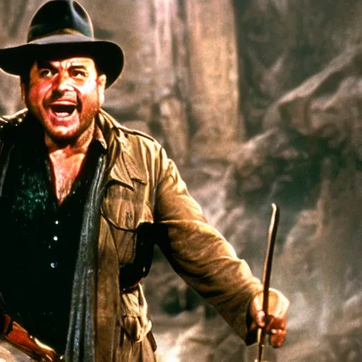 Prompt: Danny Devito as Indiana Jones, film still from Indiana Jones and the Temple of Doom, detailed, 4k