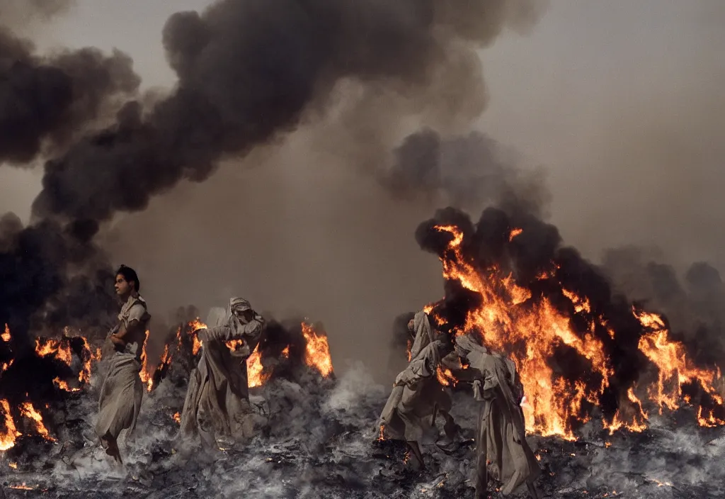 Prompt: fashion editorial in Kuwait oil fields burning fire burning. 1991. highly detailed. depth of field. high definition. 8k. photography.