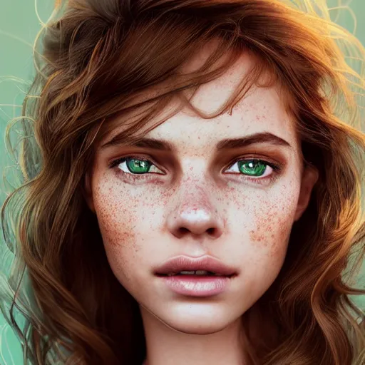 Image similar to intricate crisp portrait of a cute thin young woman, light bronze brown hair, very detailed emerald green eyes, red blush, light freckles, soft smile, casual clothes, relaxing on the couch, home interior, golden hour, close up shot, 8 k, art by irakli nadar, hyperrealism, hyperdetailed, ultra realistic