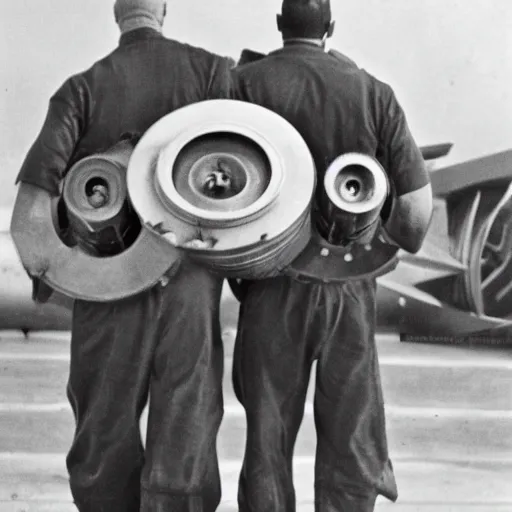 Image similar to a muscular bald man carrying two turbine engines on his back