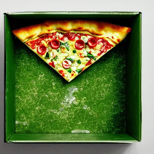 Prompt: green uranium pizza, radioactive, contained in a secure translucent box