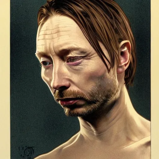 Image similar to hyper realistic, variations portrait of smooth old thom yorke hairless, strong variations singer songwriter, ( side ) profile, liminal space, by lee bermejo, alphonse mucha and greg rutkowski, no beard, smooth face